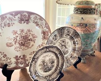 Brown and white transferware