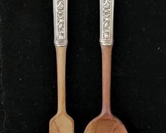 Vintage Sterling Salad Server Set Wood Spoon & Fork Set w Silver handles