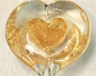 Italian Murano Heart-shaped Glass Paperweight with Gold Flakes 