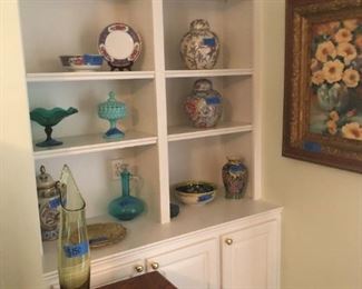 Green L.E. Smith Swung Glass Vase and Fenton Turquoise Hobnail Candy Dish with Lid