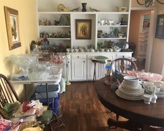 American Brilliant pieces, MCM pink dinnerware,  MCM Amber dinnerware, collectible teacups, bird figurines, Fenton milkglass hobnail pieces