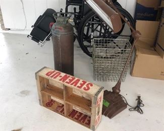 Drive wheelchair, vintage Seven-Up wooden crate, vintage wire MEDAT locker baskets, large vintage Flexo Art Deco floating drafting table desk lamp, antique copper and brass Buffalo fire extinguisher 