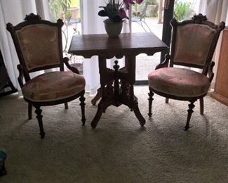 Antqiue Victorian Eastlake side table and parlor chairs