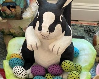 Paper Mache Easter Bunny in Lettuce Bowl with Eggs