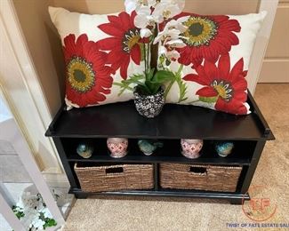 Primitive Bench with Wicker Baskets