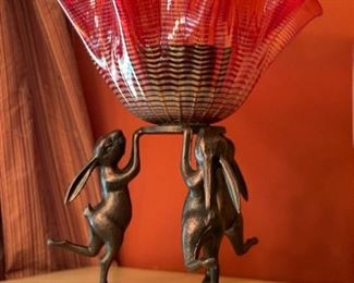 Cast Iron Rabbit Stand with Handmade Glass Vase