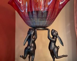 Cast Iron Rabbit Stand with Handmade Glass Vase