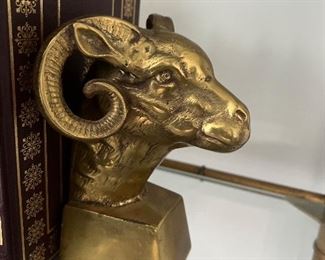 Pair of Mid-Century Brass Rams’ Head Bookends.