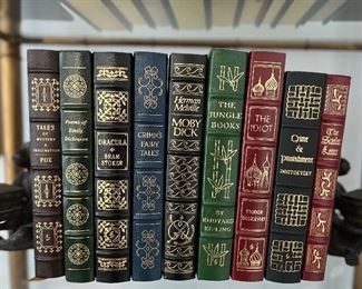Easton Press/Franklin Library Books:

Poe’s Tales of Mystery and Imagination
Poems of Emily Dickinson
Dracula
Grimm’s Fairy Tales
Moby Dick 
The Jungle Books
The Idiot
Crime and Punishment
The Scarlet Letter