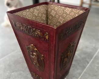 Vintage Italian Rampant Lion Crest Leather Wastebasket