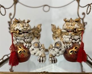 Vintage Japanese Gold and White Porcelain Foo Lions