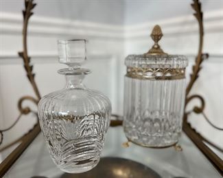 Vintage Hand-Cut Crystal Decanter and Brass-Footed Crystal Container