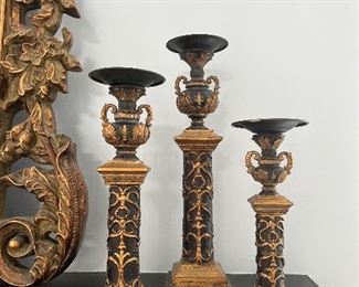 Vintage Designer Black and Gold Neoclassical Style Candleholders 