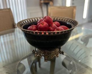 Vintage Chinese Black Lacquer Ceramic Bowl with Mounted Brass Elements