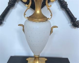 Antique Cloud Glass Amphora Vase with Italian Brass Footed Base and Gryphon Handles