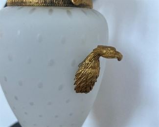 Antique Cloud Glass Amphora Vase with Italian Brass Footed Base and Gryphon Handles