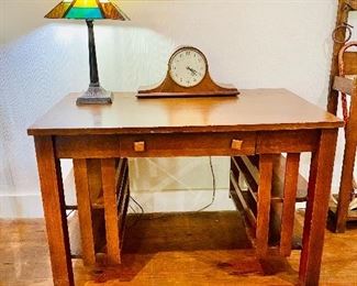 Antique oak mission style desk, mission style lamp