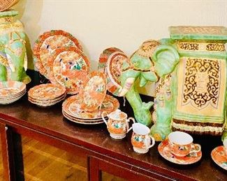 Large pair of porcelain elephants, Asian peacock china