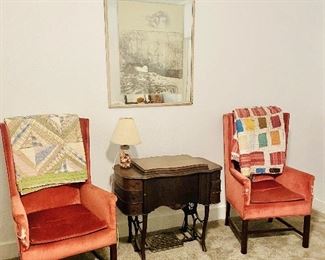 Treadle sewing machine, Bruno Bruni framed lithograph 