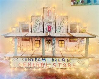 Highwaymen folk art, large lighted general store wall hanging