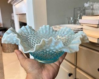 XLarge Fenton Blue Opalescent Hobnail Glass Bowl with Ruffle Top