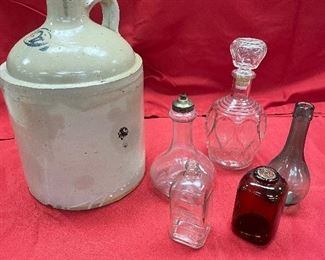 2 gallon whiskey jug, snuff bottle, j&j bottle