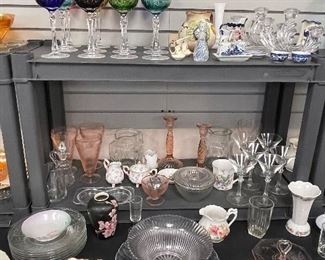 Misc glass and china, pink depression 
Bohemian cut to clear crystal: 12pc set!