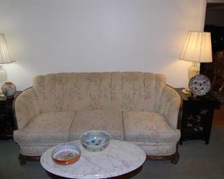 ANTIQUE COUCH AND CHAIR WITH CARVED LION FEET