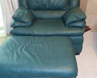 GREEN LEATHER CHAIR 1/2 & OTTOMAN