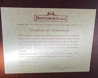 Sovereign The Aragon Grandfather Clock Limited Edition	86x29.5x18in	HxWxD
