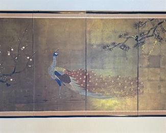 Japanese Asian Signed Four-Panel Folding Byobu Showa Period Peacock Screen Silk hand painted	36 x 73 x .75in	HxWxD
