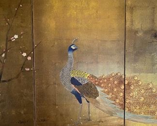 Japanese Asian Signed Four-Panel Folding Byobu Showa Period Peacock Screen Silk hand painted	36 x 73 x .75in	HxWxD
