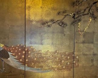 Japanese Asian Signed Four-Panel Folding Byobu Showa Period Peacock Screen Silk hand painted	36 x 73 x .75in	HxWxD
