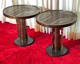 2pc Philip & Kelvin LaVerne Etruscan Round Caduceus Medical End Tables Pair	18in H x 18in  diameter	
