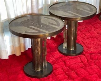 2pc Philip & Kelvin LaVerne Etruscan Round Caduceus Medical End Tables Pair	18in H x 18in  diameter	
