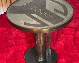 2pc Philip & Kelvin LaVerne Etruscan Round Caduceus Medical End Tables Pair	18in H x 18in  diameter	
