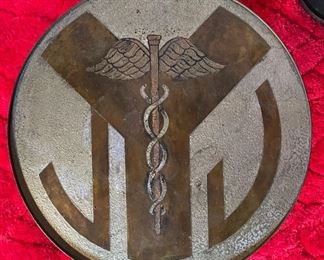 2pc Philip & Kelvin LaVerne Etruscan Round Caduceus Medical End Tables Pair	18in H x 18in  diameter	
