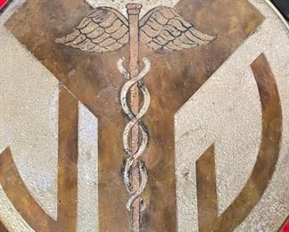 2pc Philip & Kelvin LaVerne Etruscan Round Caduceus Medical End Tables Pair	18in H x 18in  diameter	
