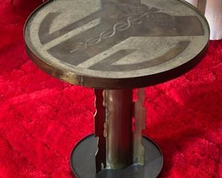 2pc Philip & Kelvin LaVerne Etruscan Round Caduceus Medical End Tables Pair	18in H x 18in  diameter	
