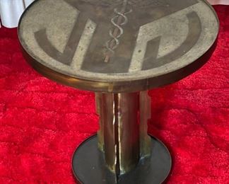 2pc Philip & Kelvin LaVerne Etruscan Round Caduceus Medical End Tables Pair	18in H x 18in  diameter	
