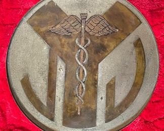 2pc Philip & Kelvin LaVerne Etruscan Round Caduceus Medical End Tables Pair	18in H x 18in  diameter	
