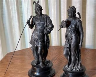 2pc Antique  Spelter Statures Greek Mythology PAIR	14in H x 5.25 in Diameter at base	
