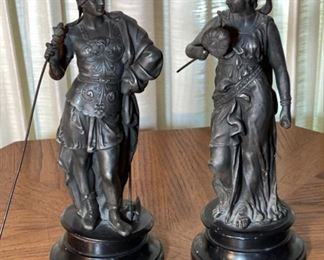 2pc Antique  Spelter Statures Greek Mythology PAIR	14in H x 5.25 in Diameter at base	
