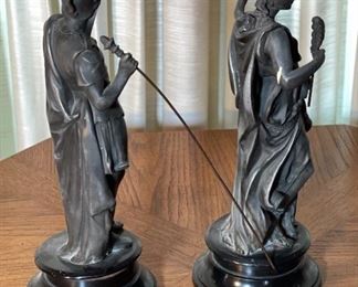 2pc Antique  Spelter Statures Greek Mythology PAIR	14in H x 5.25 in Diameter at base	

