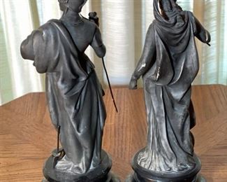 2pc Antique  Spelter Statures Greek Mythology PAIR	14in H x 5.25 in Diameter at base	
