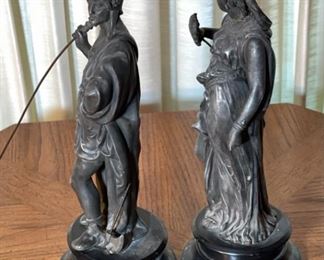 2pc Antique  Spelter Statures Greek Mythology PAIR	14in H x 5.25 in Diameter at base	
