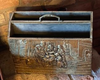 Vintage Hammered Brass Magazine Holder Newspaper Rack	12x14.5x5.75in	HxWxD
