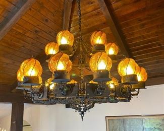 Mexican Rustic Wrought Iron Wood & Cage Glass Chandelier	32in H x 44x44in	HxWxD
