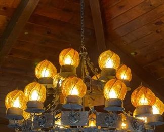 Mexican Rustic Wrought Iron Wood & Cage Glass Chandelier	32in H x 44x44in	HxWxD
