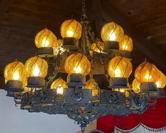 Mexican Rustic Wrought Iron Wood & Cage Glass Chandelier	32in H x 44x44in	HxWxD
